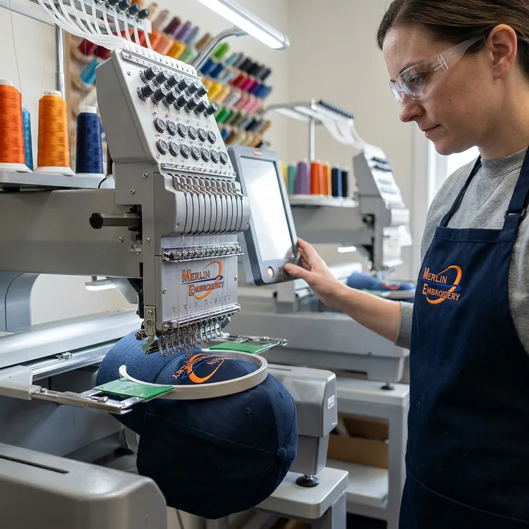 Embroidery machine stitching a custom hat