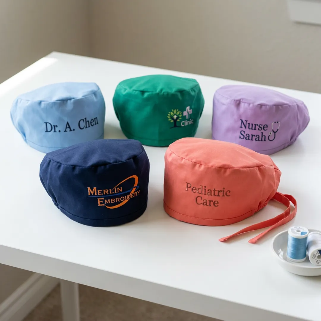 Custom scrub caps with embroidered clinic logos