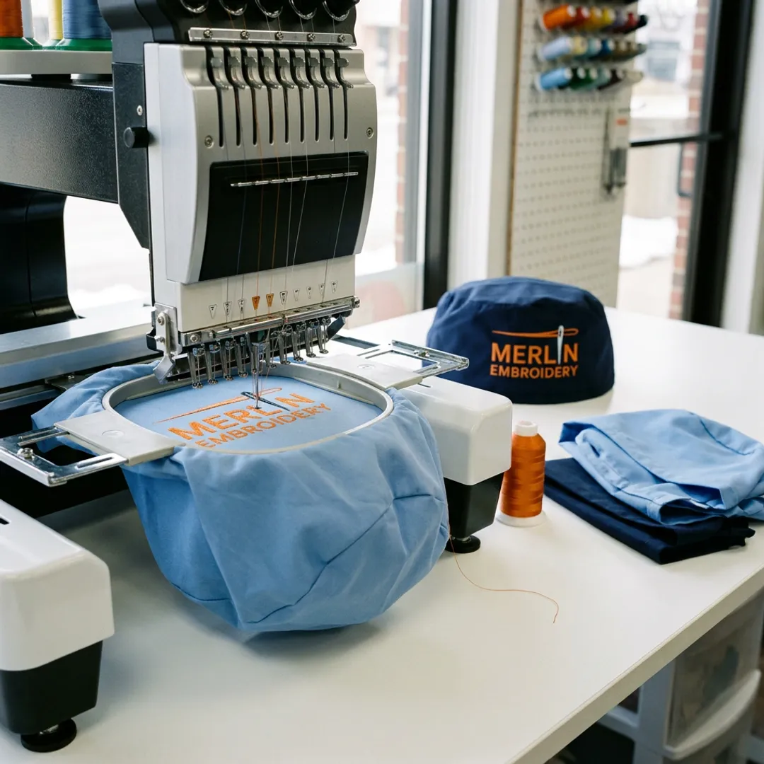Embroidery machine stitching a scrub cap