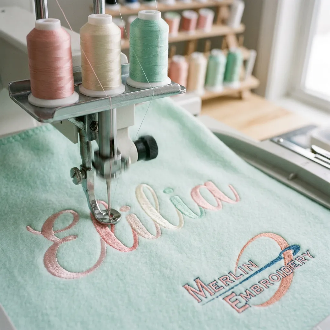 Embroidery machine stitching a baby name on a soft blanket