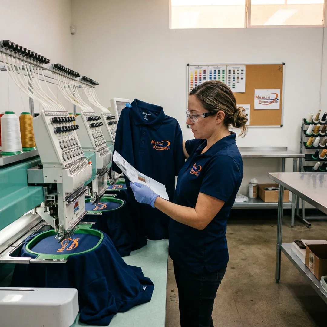 Custom polo shirts being embroidered in bulk
