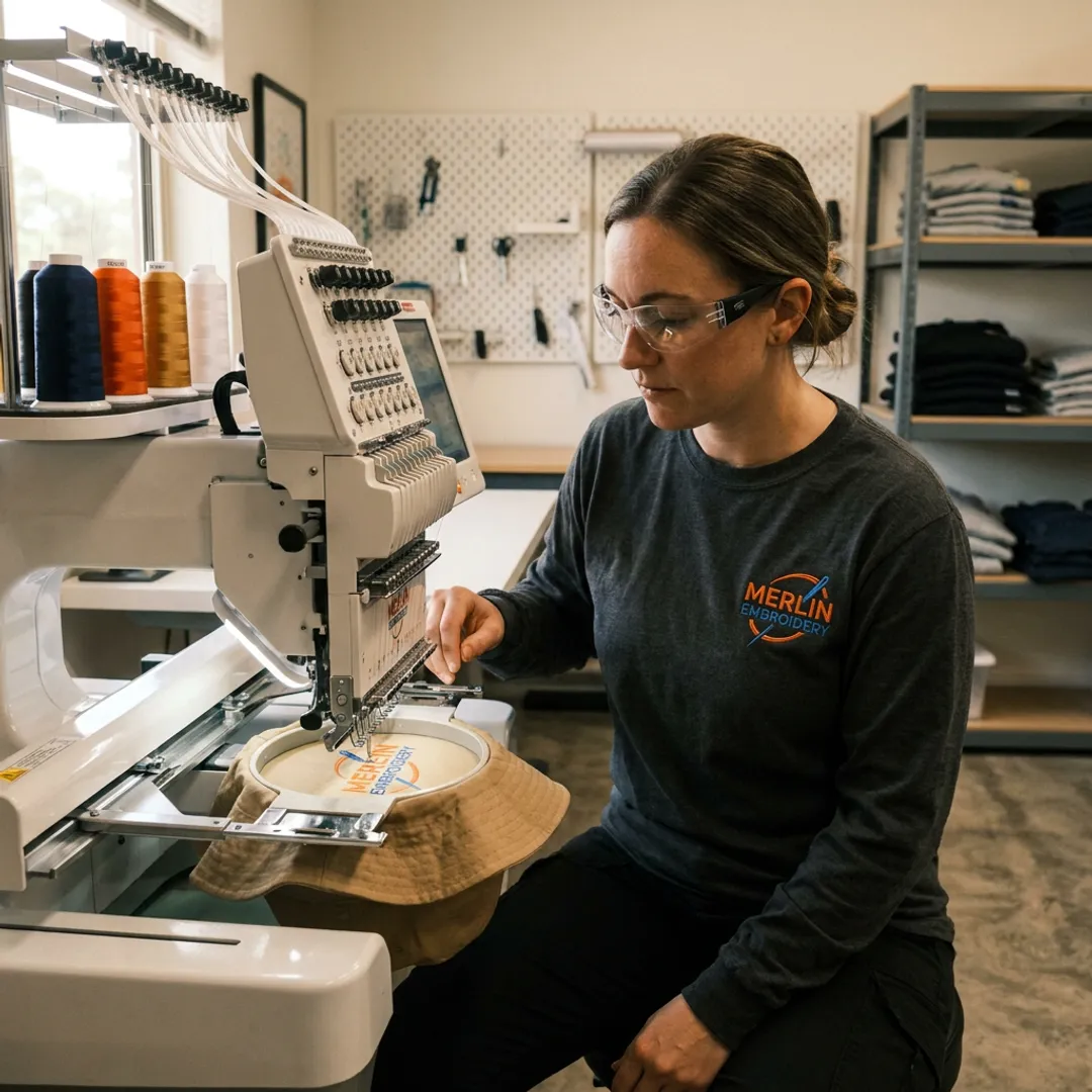 Embroidery machine stitching a logo on a bucket hat