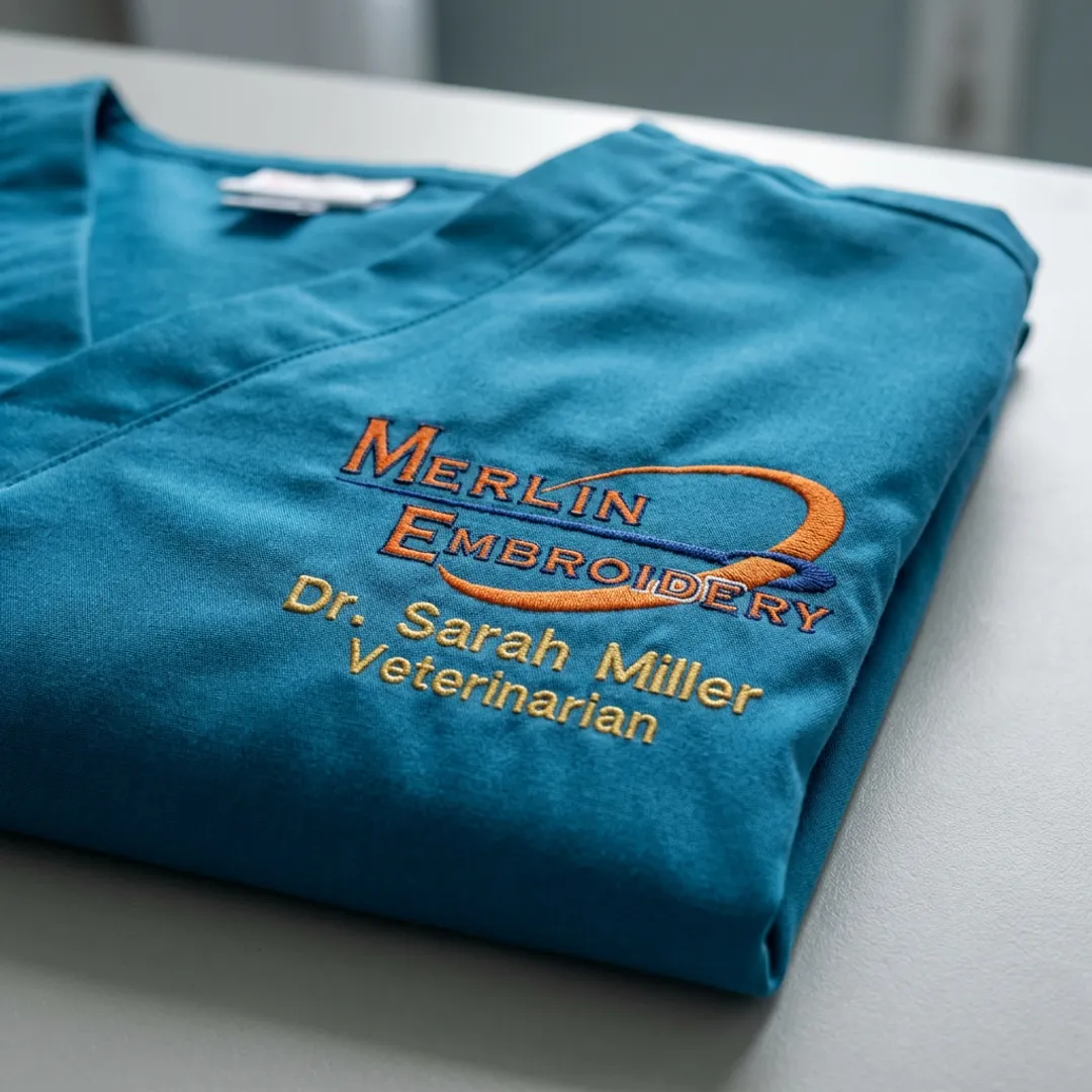 Veterinary scrubs with embroidered clinic logo