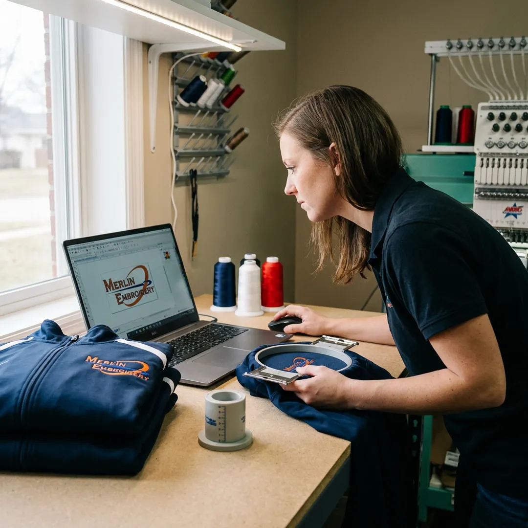 Technician preparing embroidered track jackets