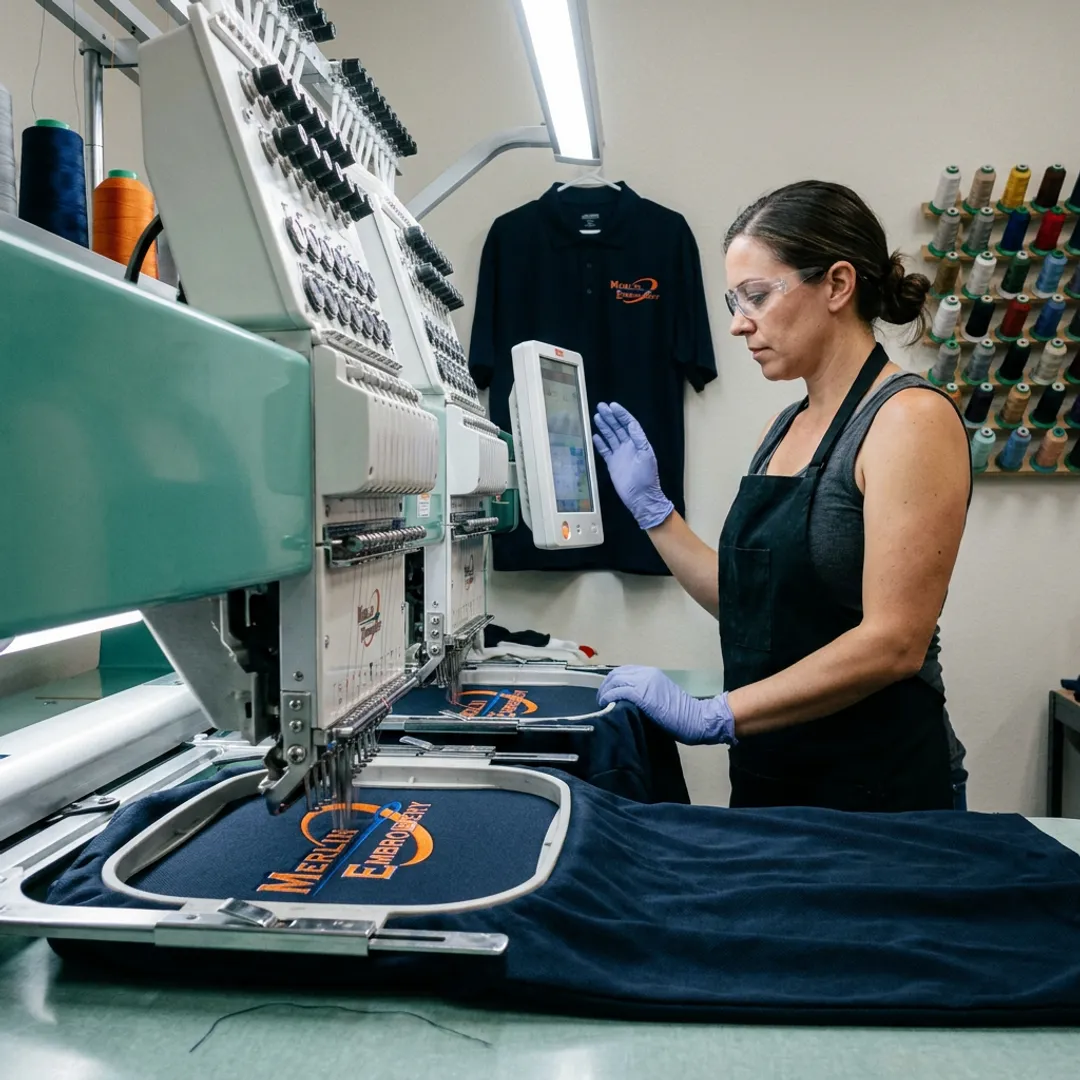 Technician embroidering a tactical polo shirt