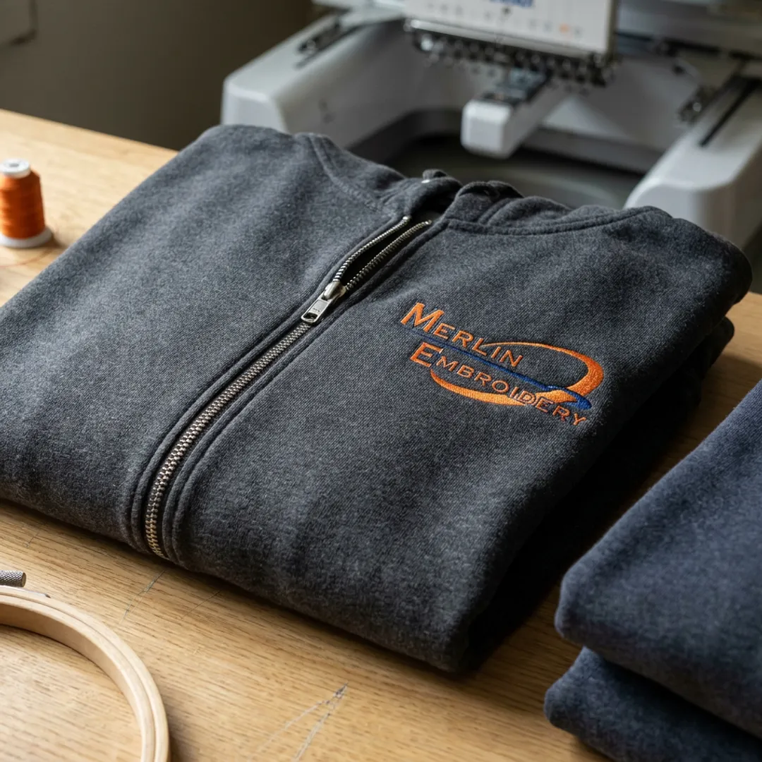 Embroidered full zip hoodie with company logo