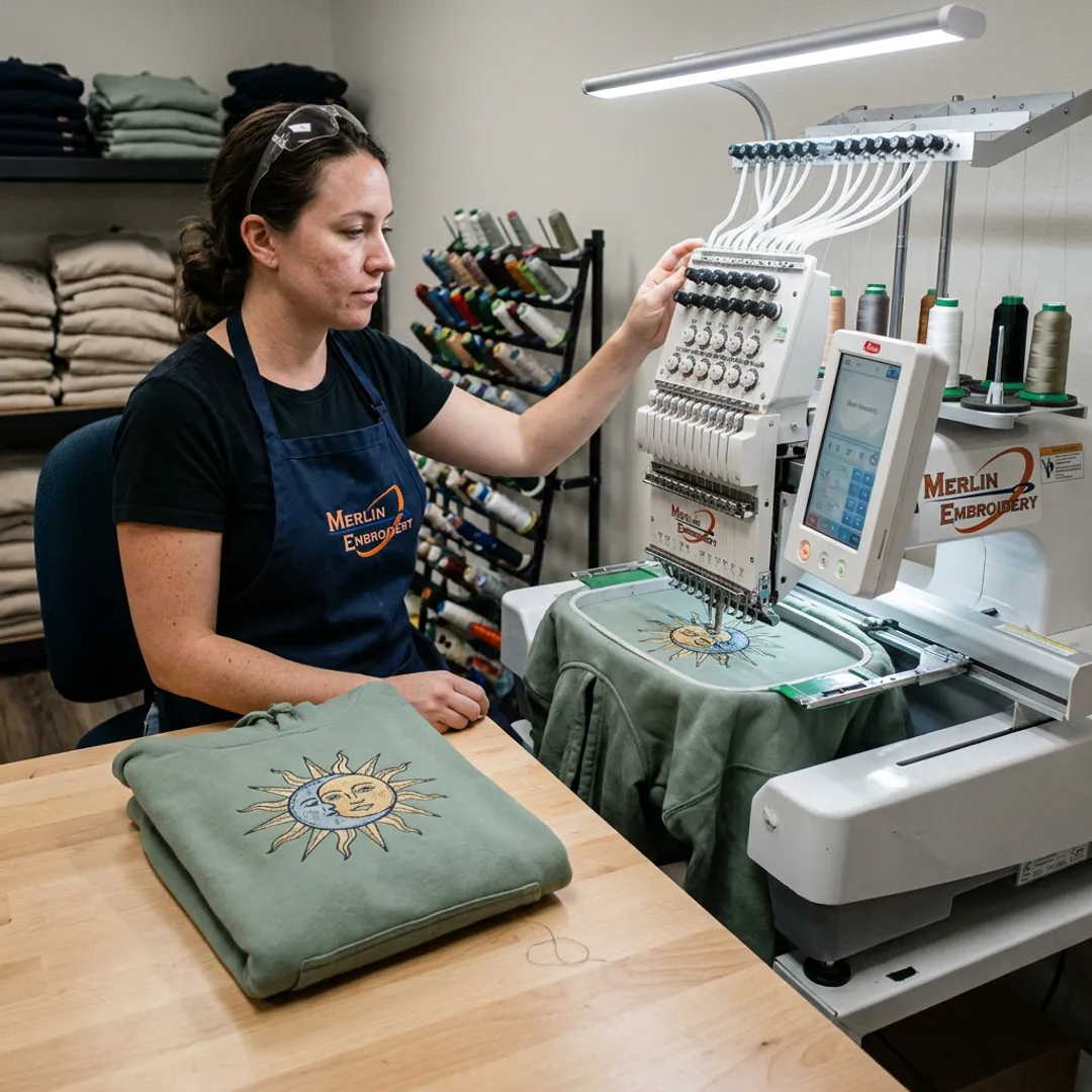 Embroidery machine stitching a best friend hoodie