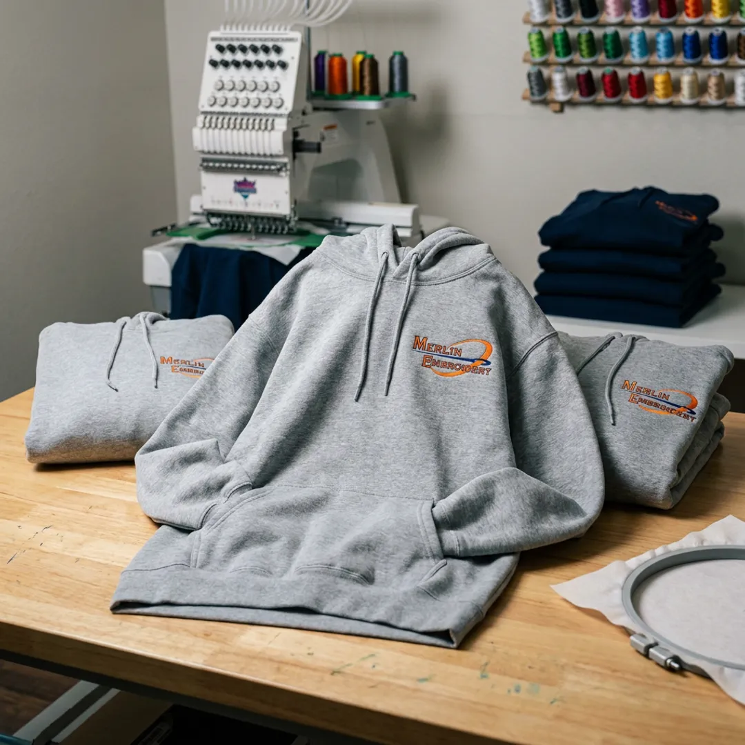 Matching embroidered hoodies with stitched logo