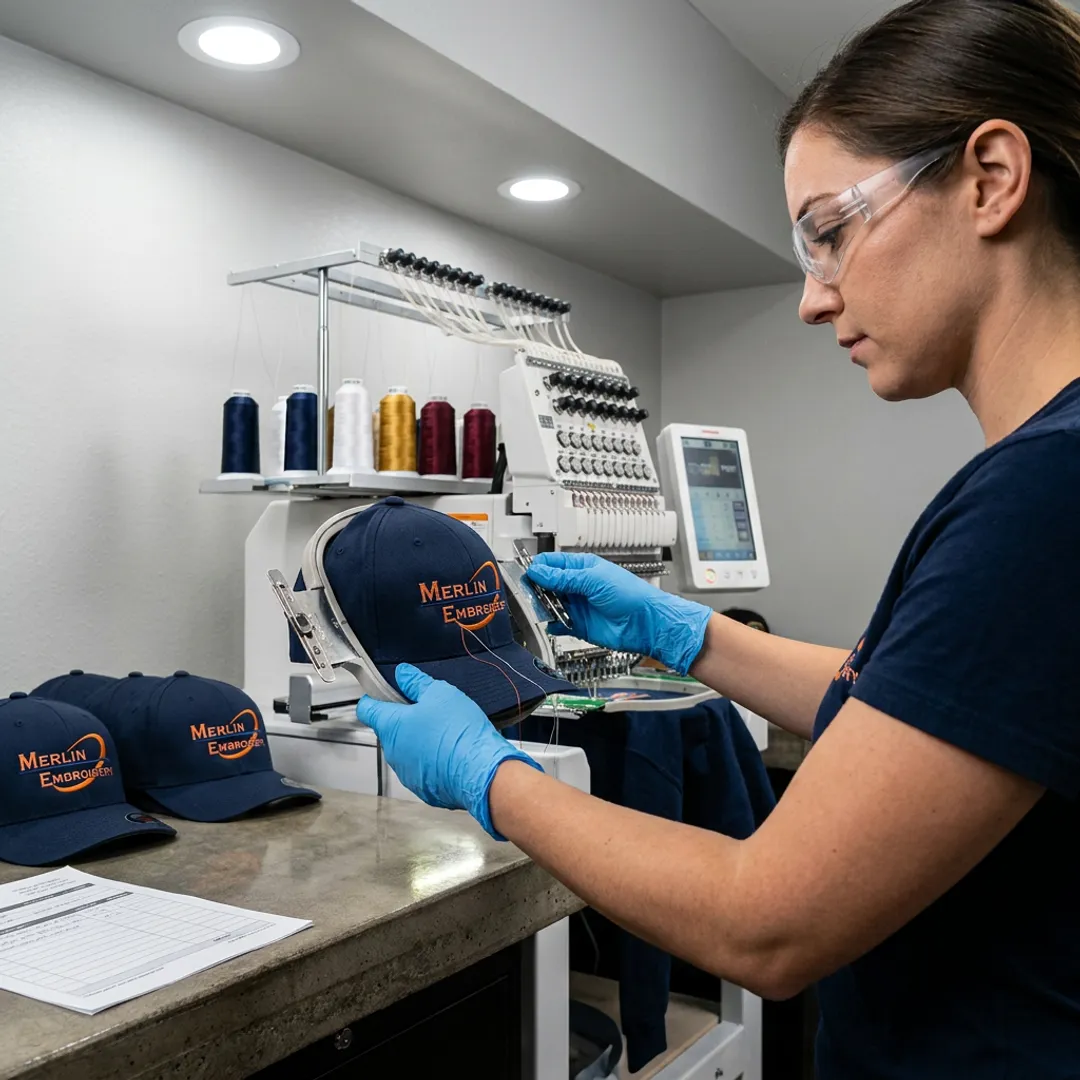 Technician preparing Flexfit hat embroidery