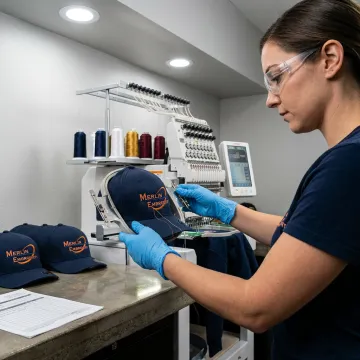 Technician preparing Flexfit hat embroidery