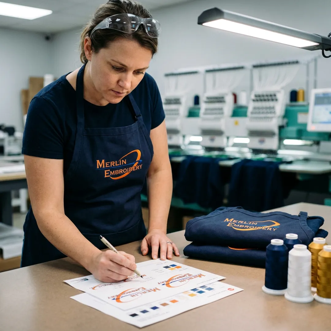 Embroidery specialist reviewing logo aprons