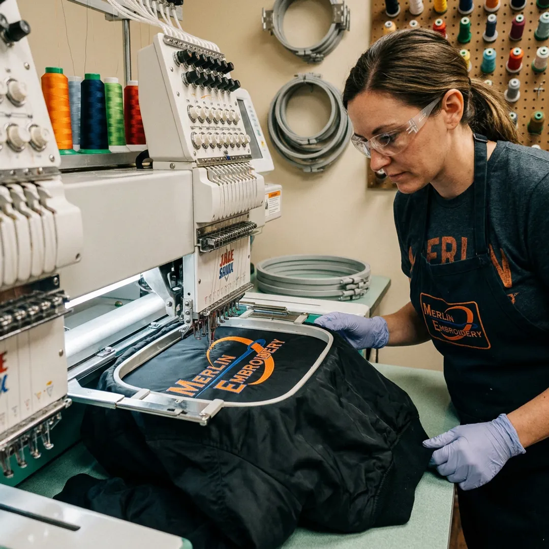 Technician embroidering a bomber jacket