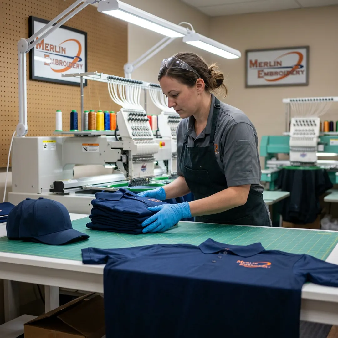 Technician preparing custom embroidered team uniforms
