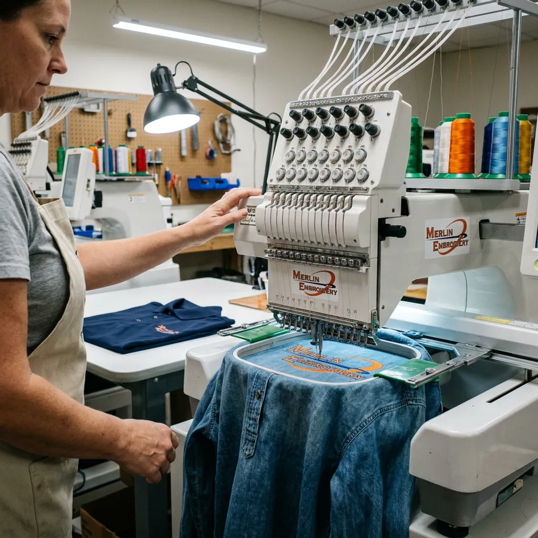 Computerized embroidery machine stitching a logo on a denim shirt