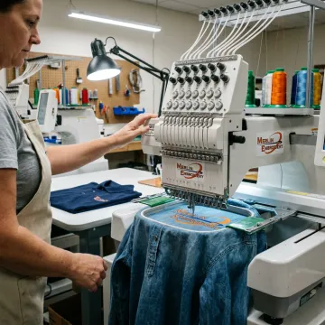 Computerized embroidery machine stitching a logo on a denim shirt