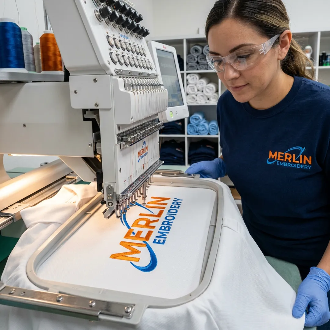 Embroidery machine stitching a logo on apparel