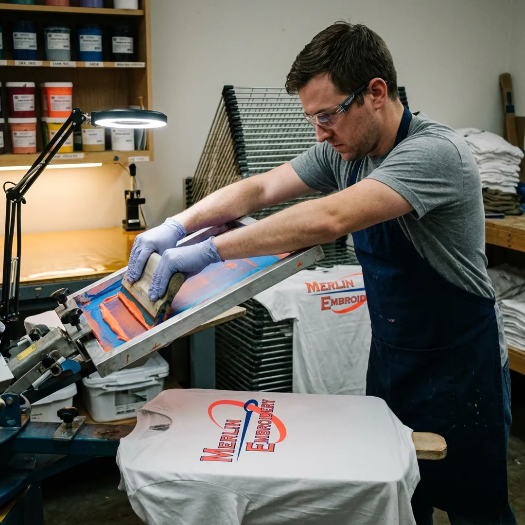 Screen printing technician preparing custom t-shirts