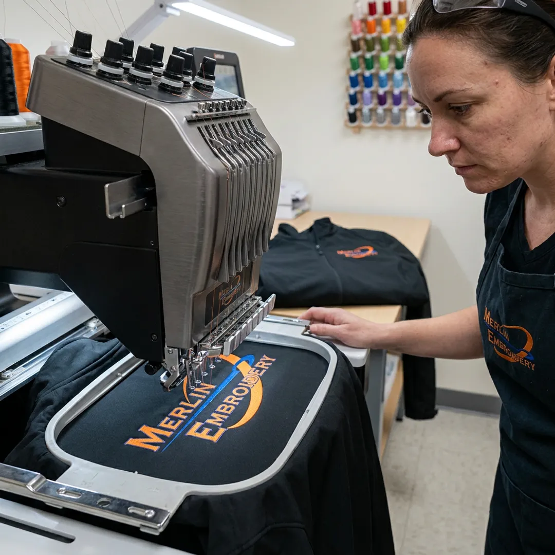 Embroidery machine stitching a logo on a softshell jacket