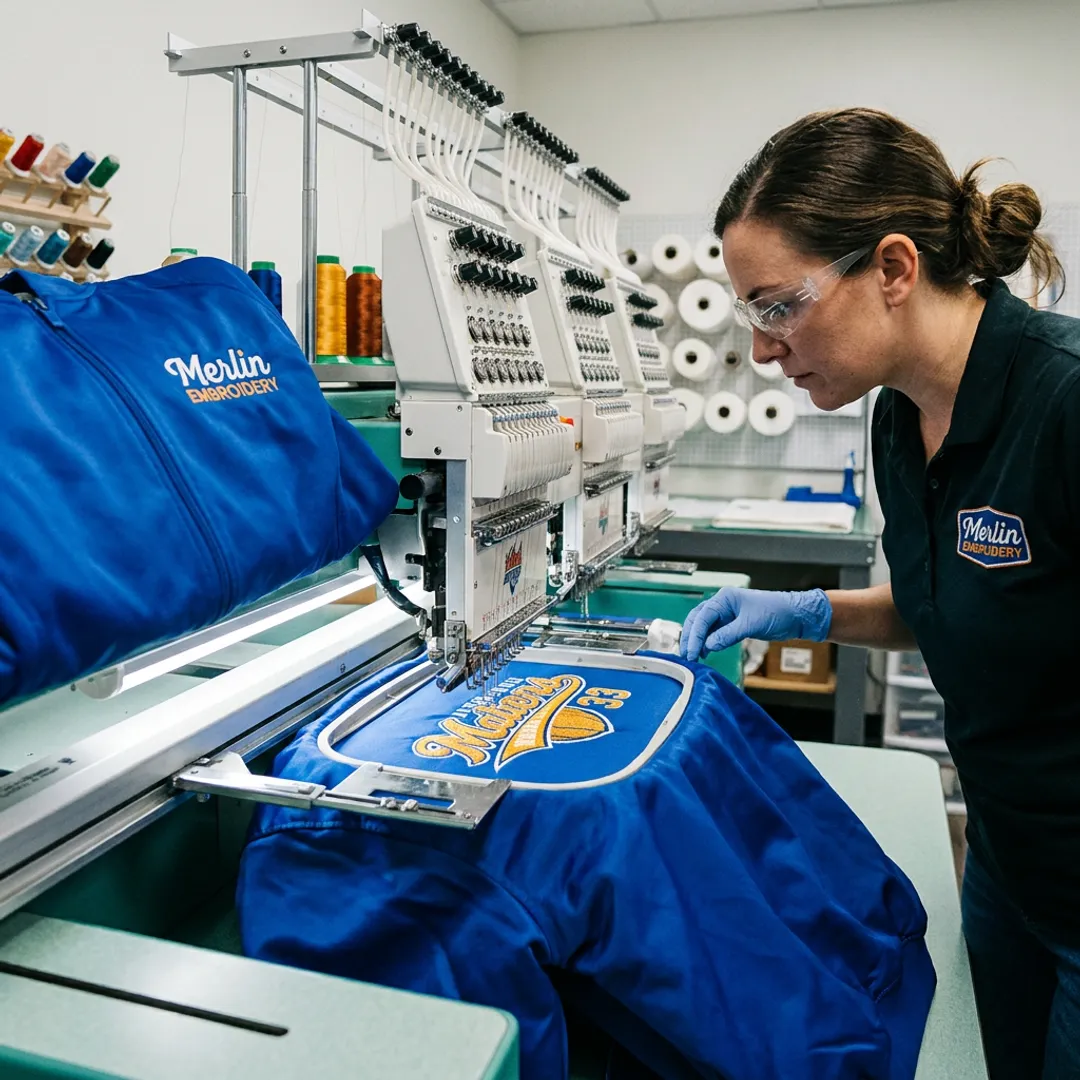Team jackets being customized with embroidery machines