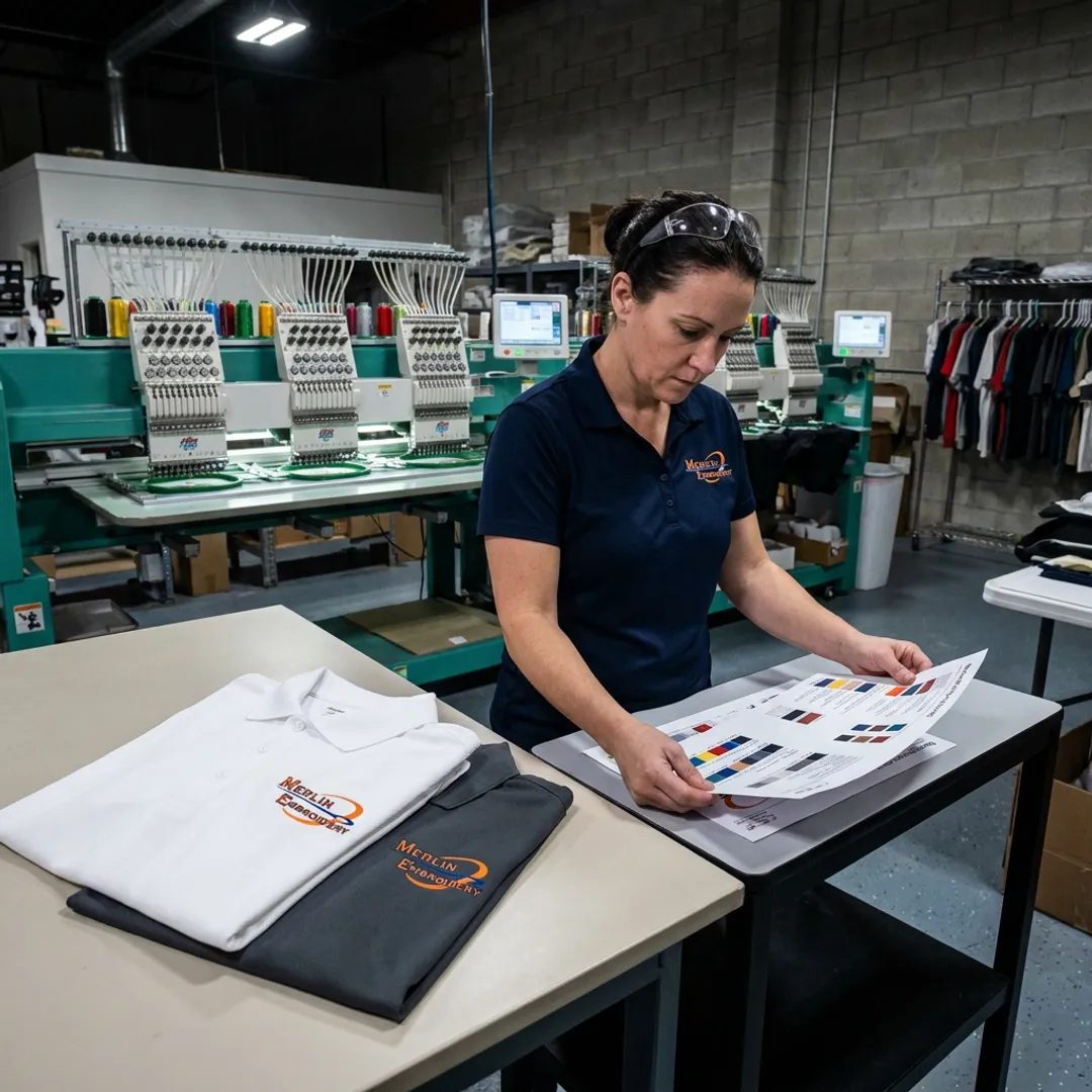 Technician preparing embroidered corporate uniforms