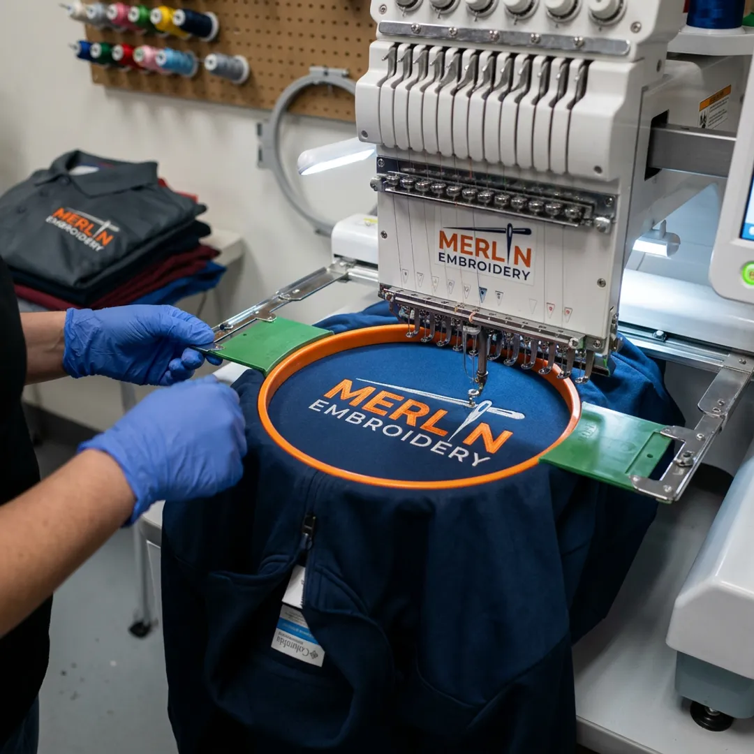 Embroidery machine stitching a logo on a jacket