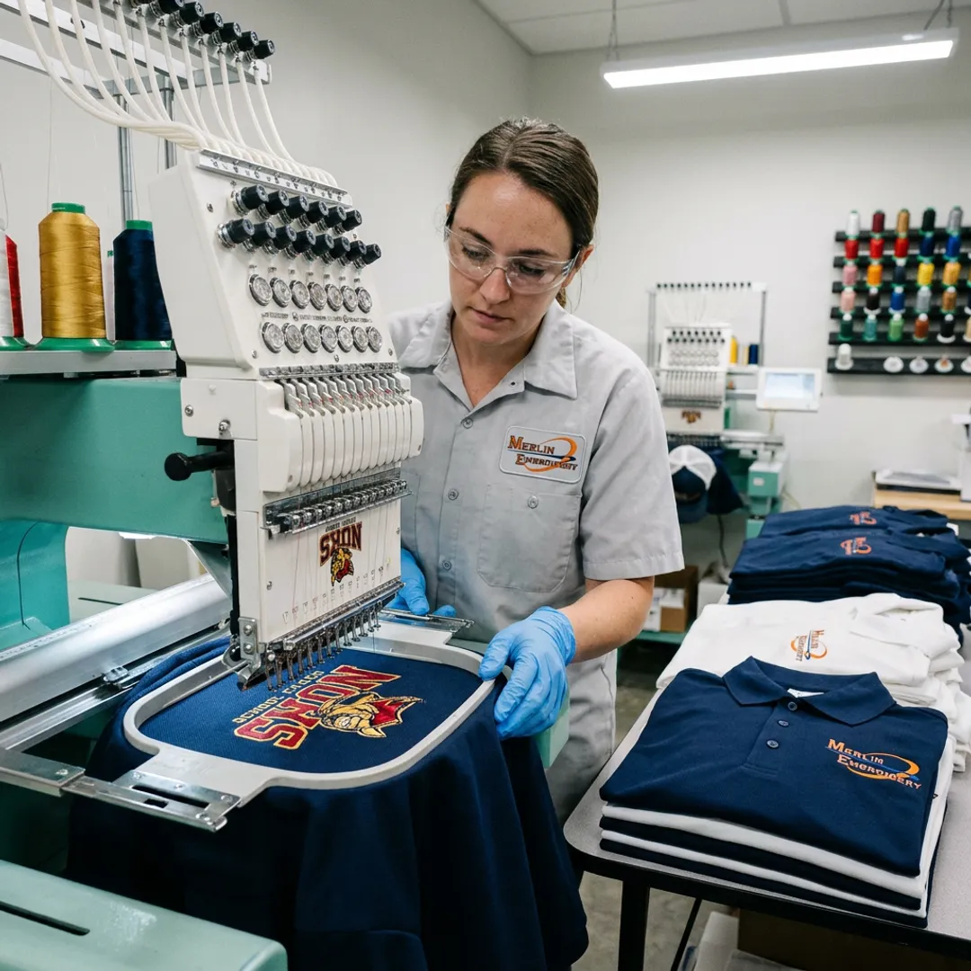 Embroidery machine stitching a school logo on a teacher polo shirt