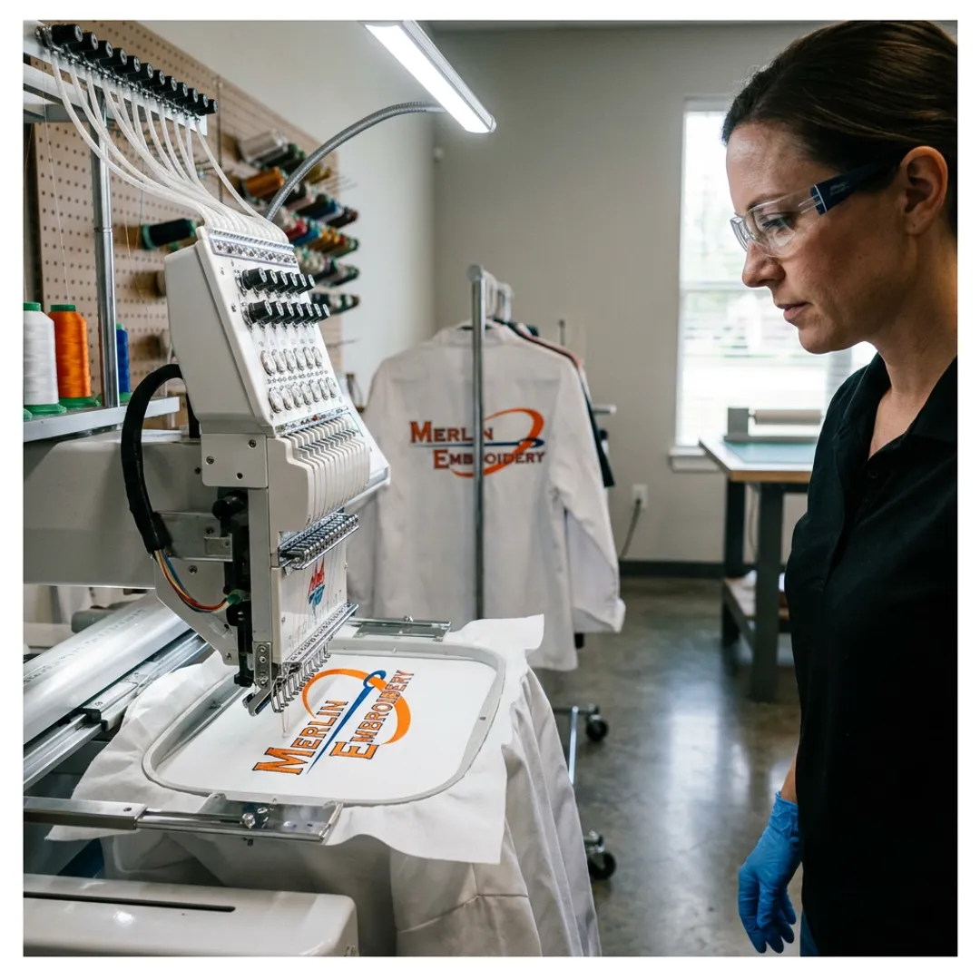 Embroidery machine stitching a logo on a chef jacket