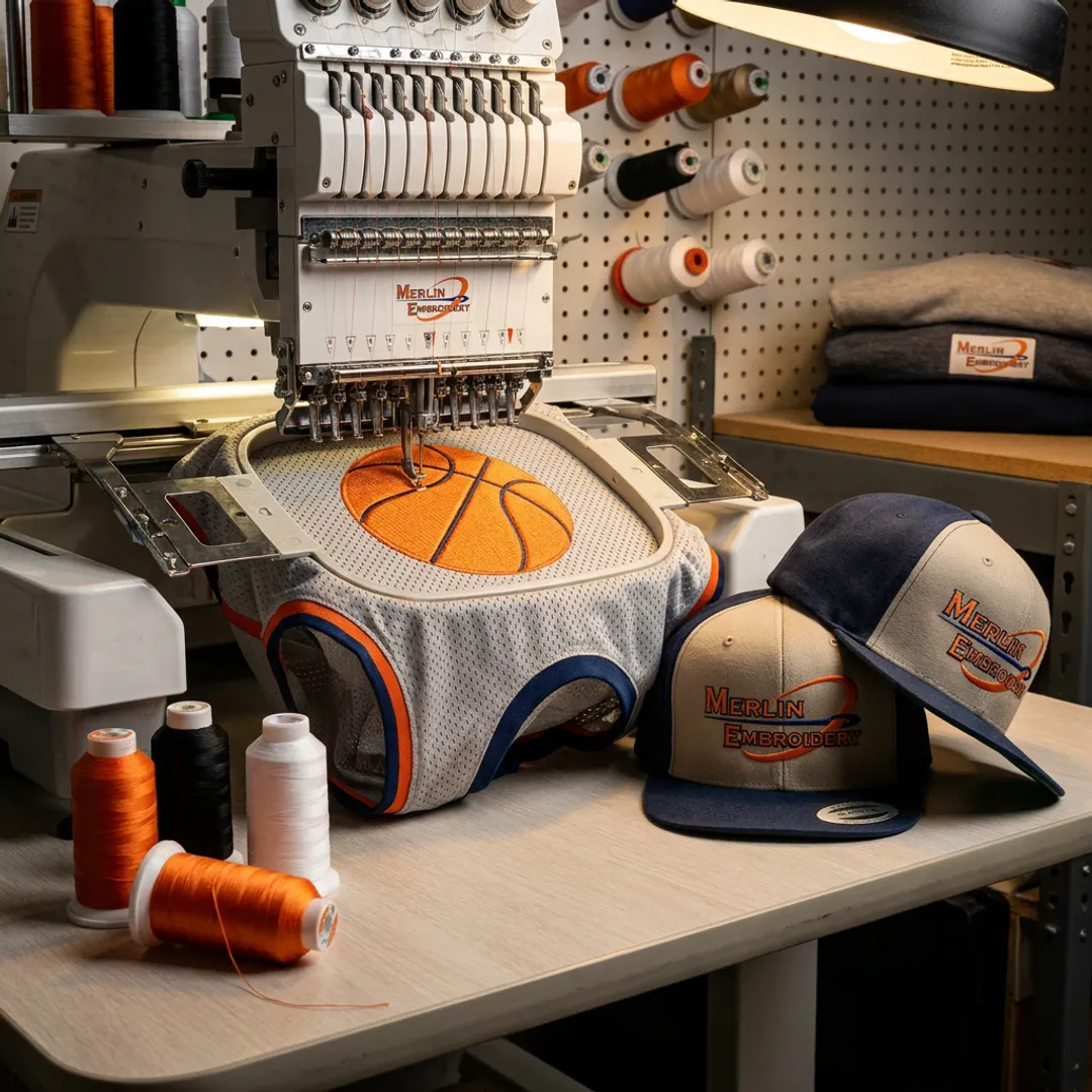 Embroidery machine stitching basketball logo