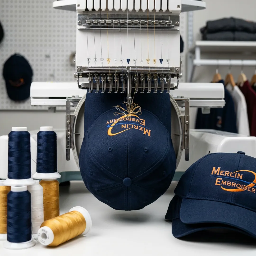 Embroidery machine stitching a logo on a hat