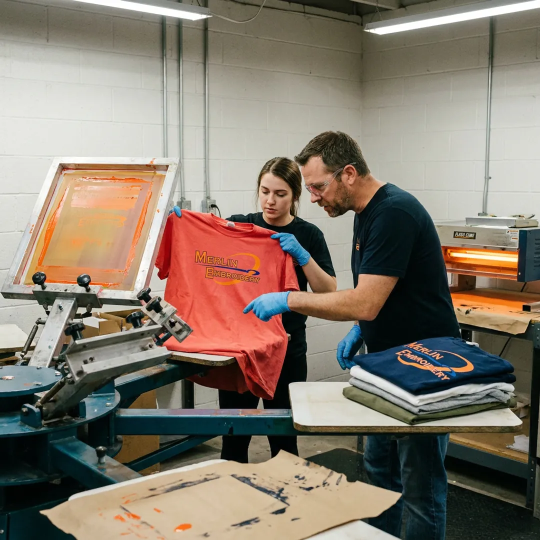 Screen printing team checking custom shirts