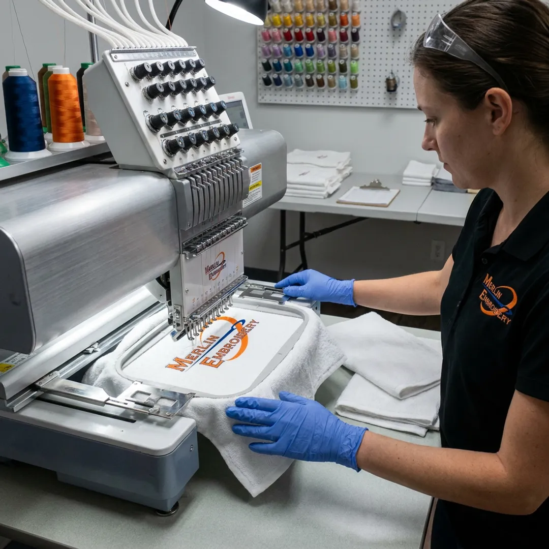 Embroidery machine stitching a logo onto golf towels