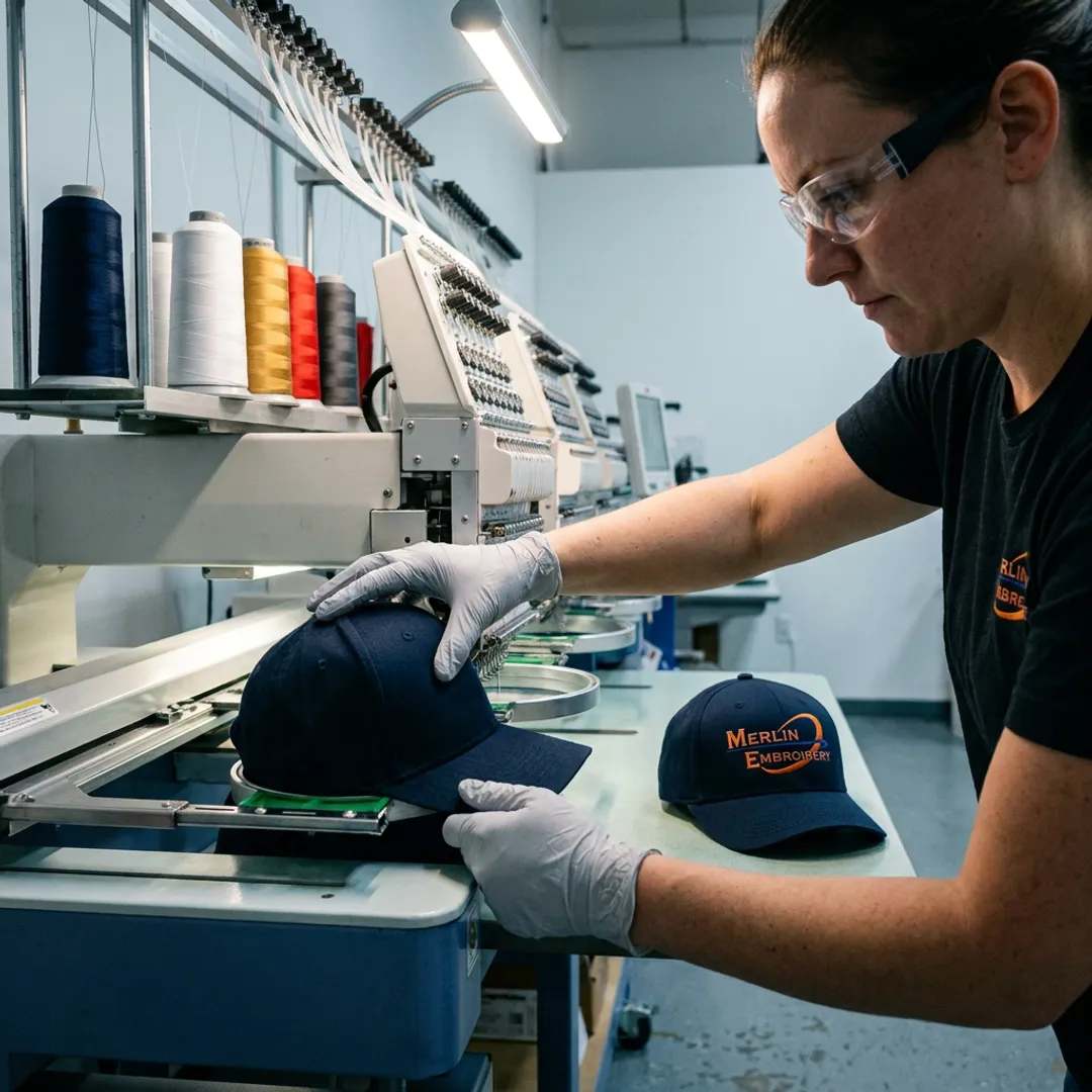 Technician embroidering a cotton twill baseball cap