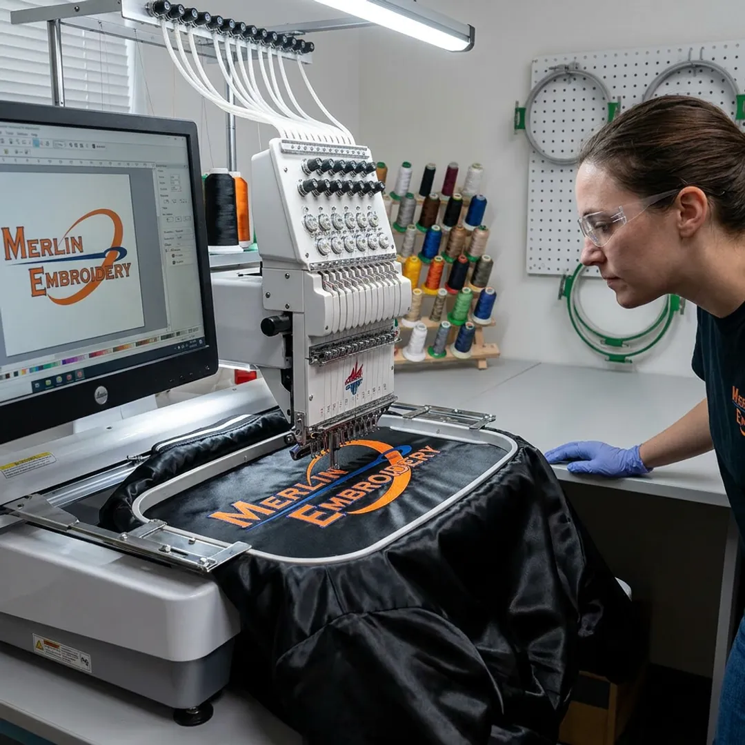Embroidery machine stitching a satin jacket