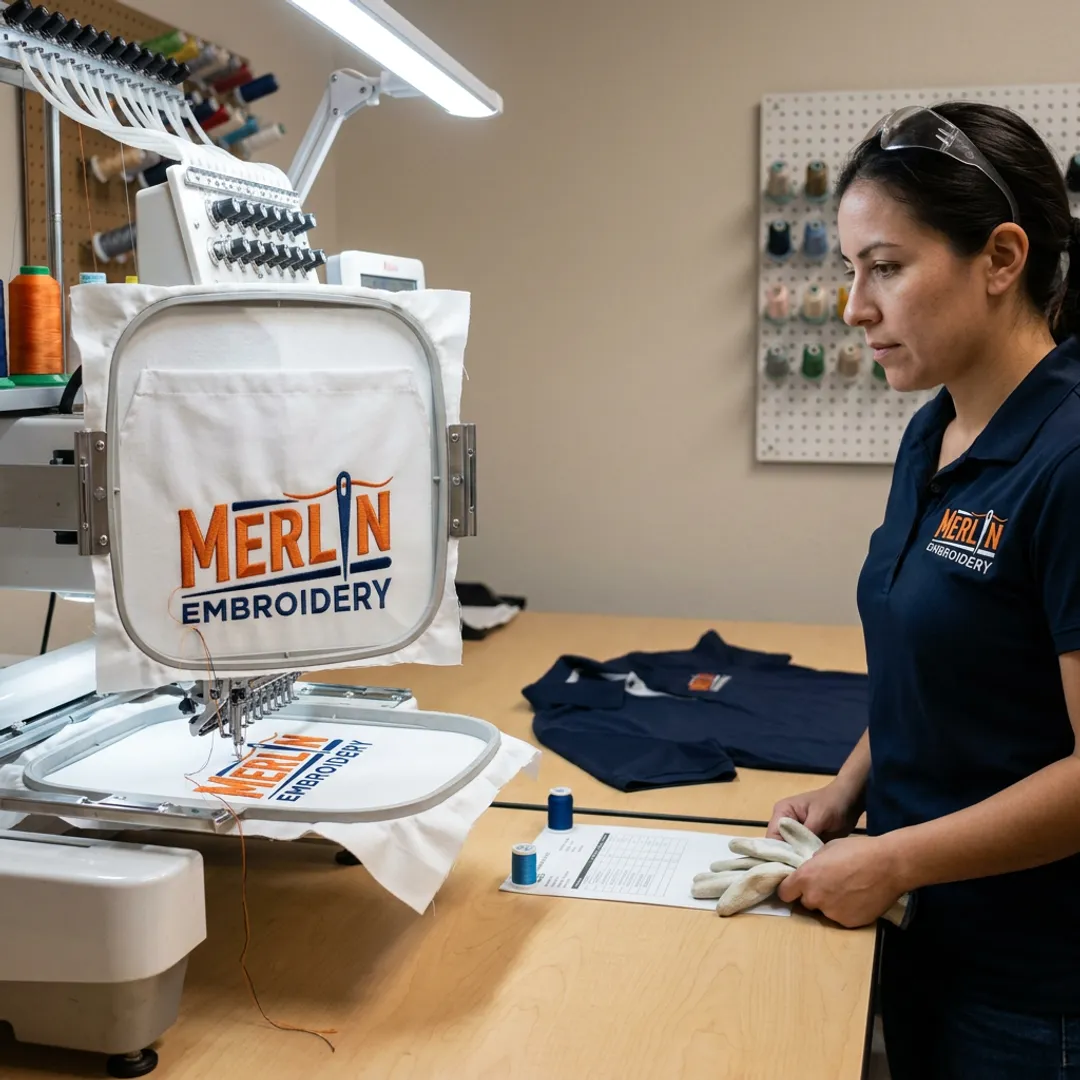 Hospitality uniforms being embroidered