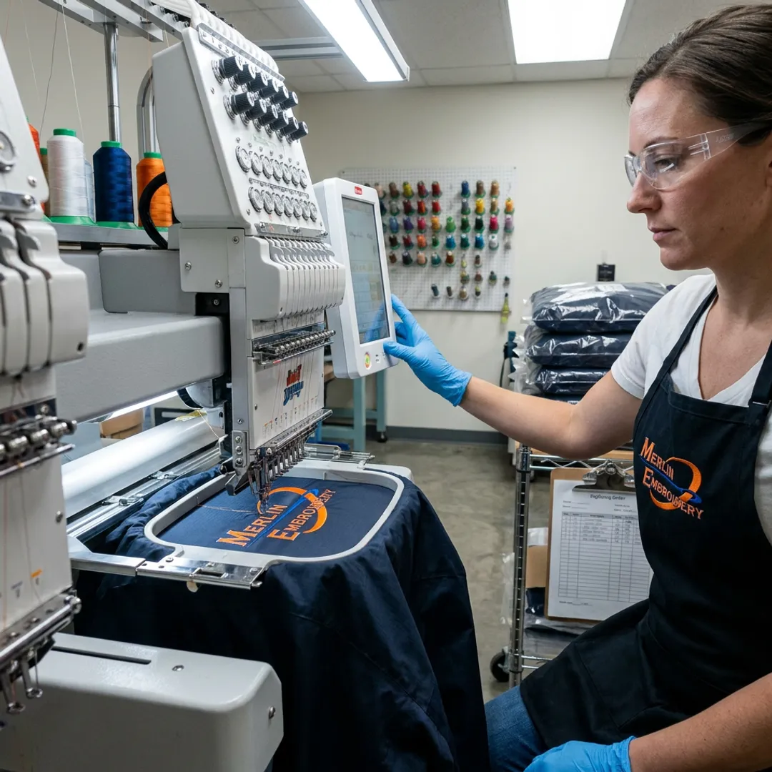 Logo being applied to a custom rain jacket