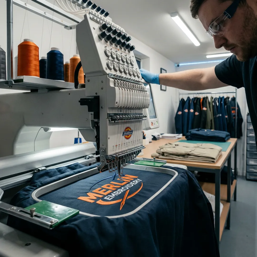 Embroidery machine stitching a logo on a Dickies jacket