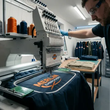 Embroidery machine stitching a logo on a Dickies jacket