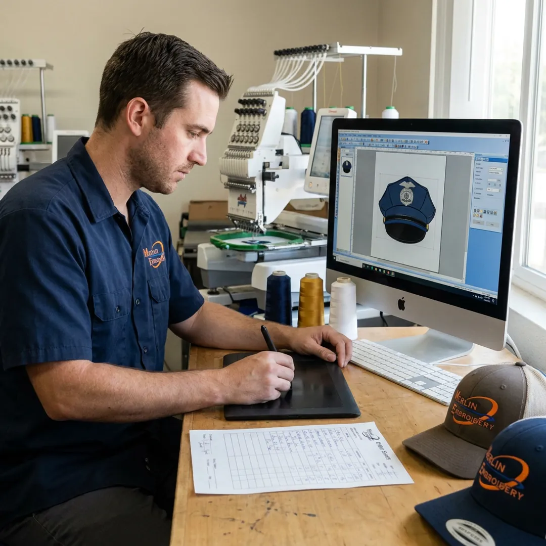 Technician preparing embroidered police caps