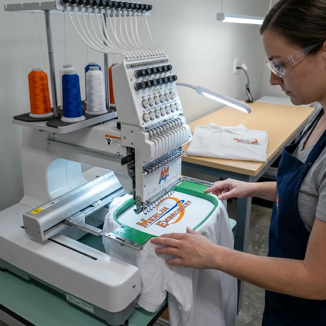 Embroidery machine stitching a logo on a shirt