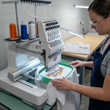 Embroidery machine stitching a logo on a shirt