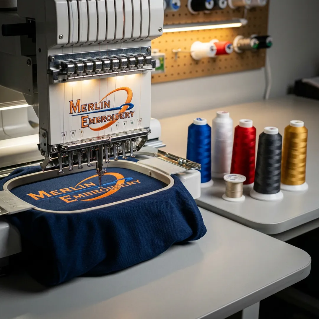 Embroidery machine stitching a logo on a polo shirt