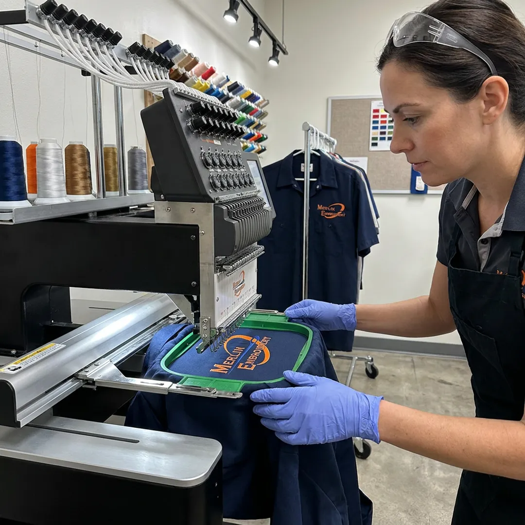 Embroidery machine stitching a logo on a work shirt