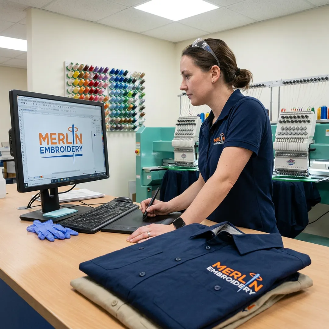 Embroidery technician preparing custom camp shirt logos