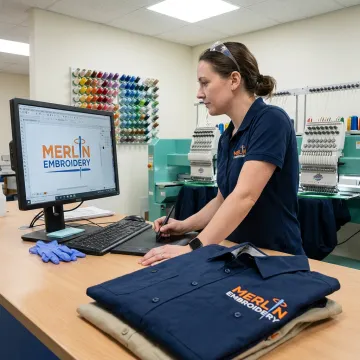 Embroidery technician preparing custom camp shirt logos