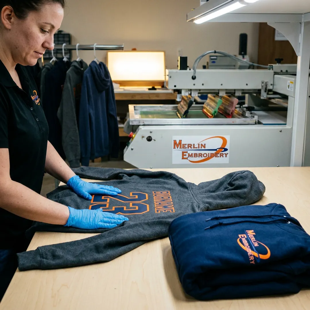 Custom athletic hoodies being printed with player numbers