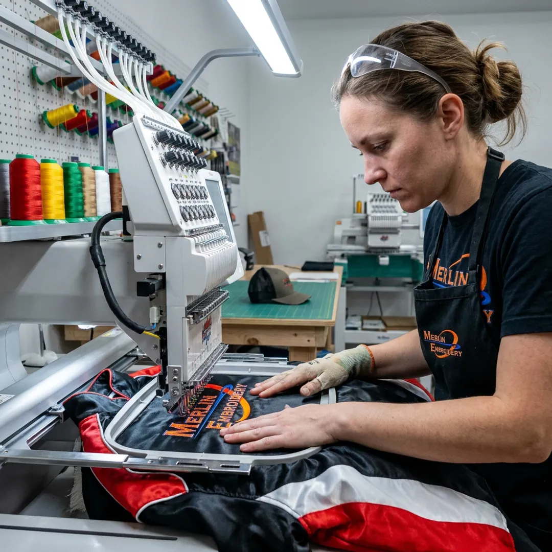 Technician embroidering a racing jacket