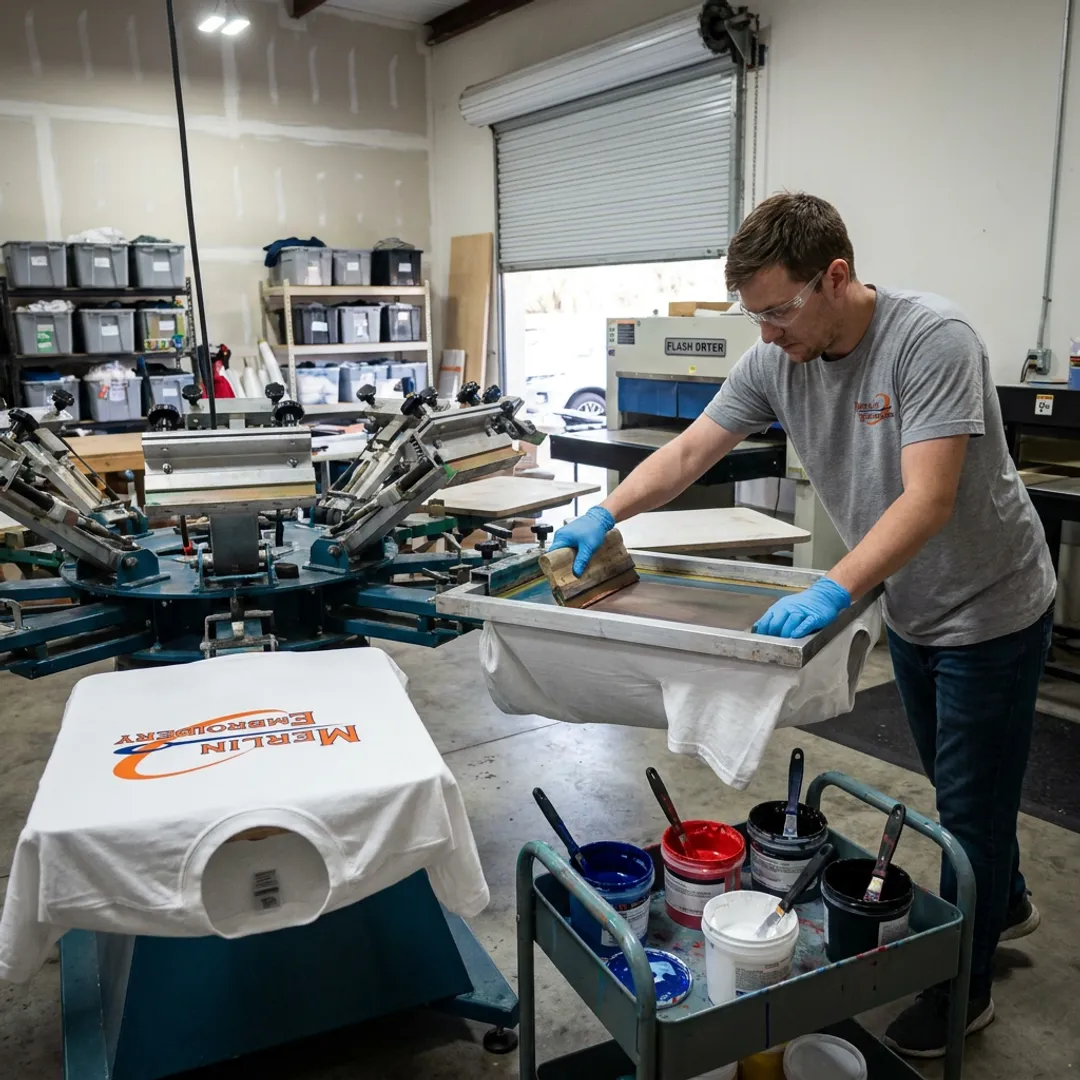Screen printing custom T-shirts in production