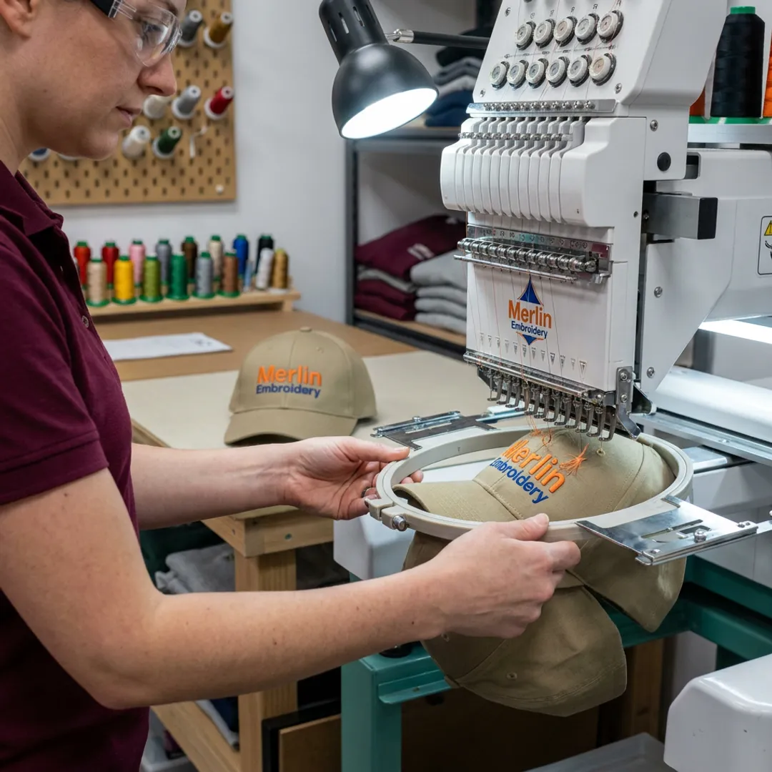 Embroidery machine stitching a logo on a baseball cap