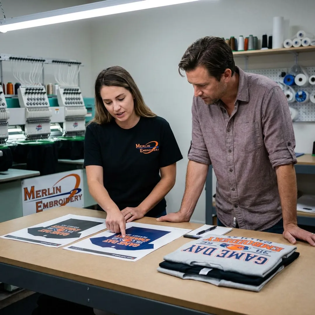 Team reviewing custom game day T-shirt designs