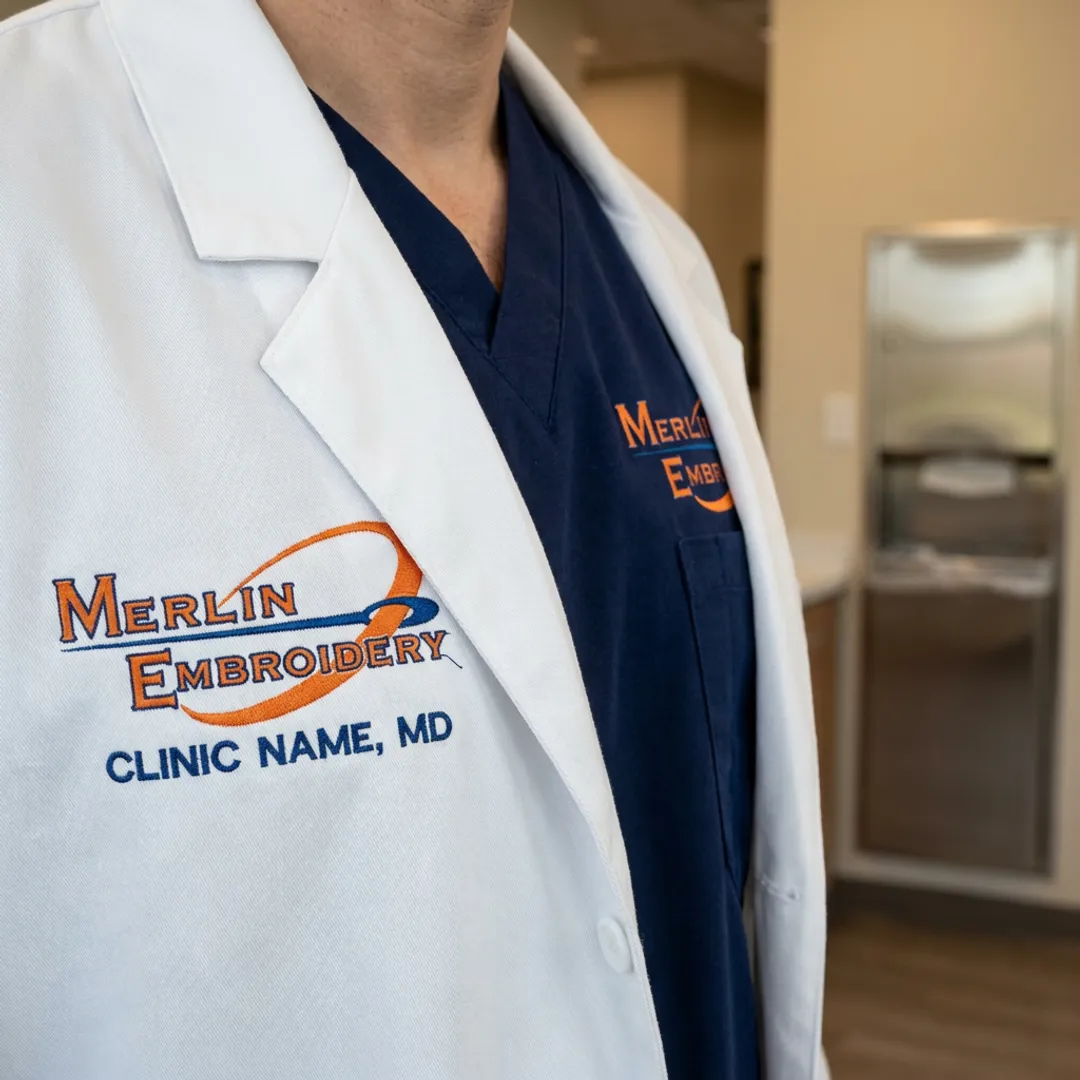 Embroidered lab coat and scrubs with medical logo